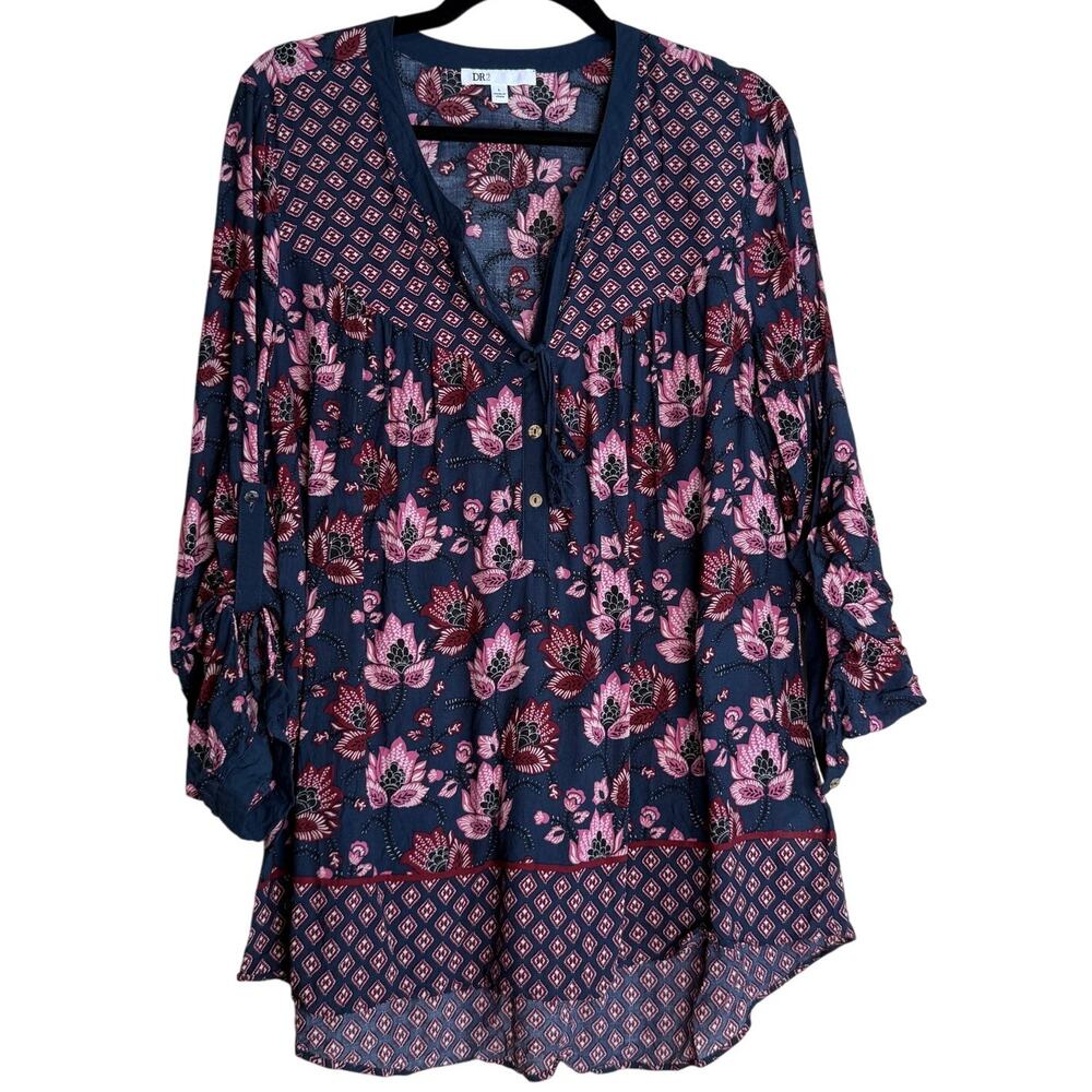 Dr2 Top Blouse Women Large Blue Pink Floral Boho Peasant Prairie Cottagecore